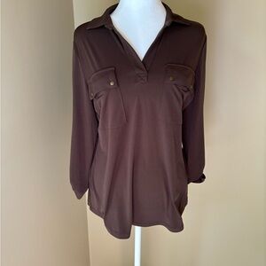 Jones New York Brown 3/4 Sleeve Polo Blouse